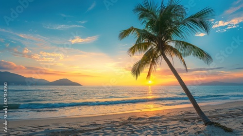 A palm tree is on a beach with the sun setting in the background