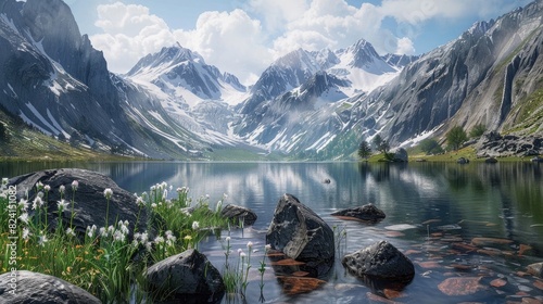 Find an image of stones near a mountain lake with snow-capped peaks. realistic