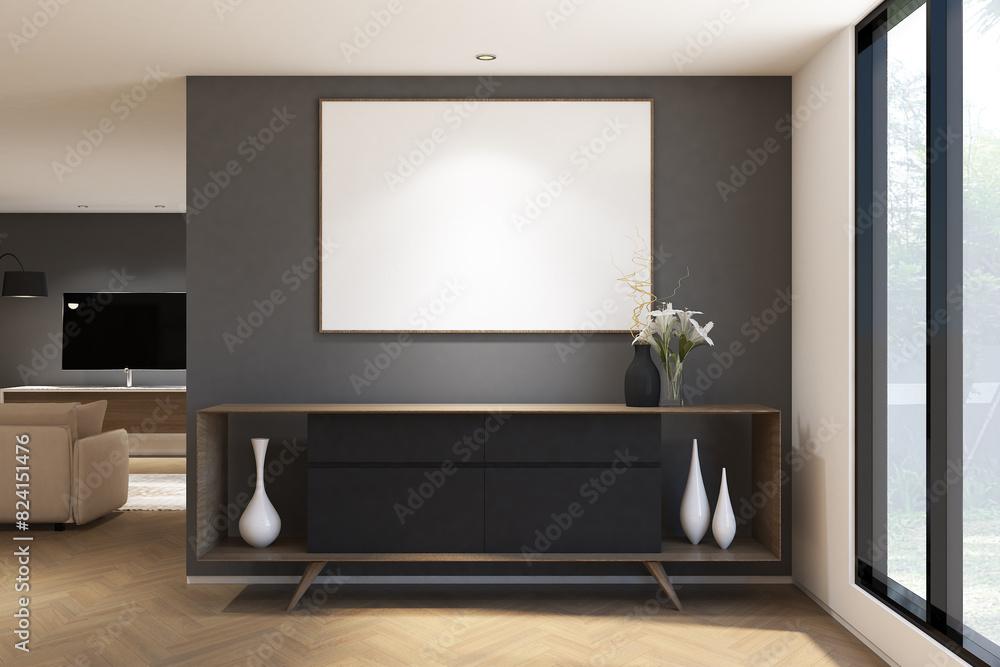 3d render illustration of foyer living minimalist side the window with drawer cabinet, plant decoration and frame mock up. Wood parquet floor, gray wall and white flat ceiling. Set 8 3d render illustration of foyer living minimalist side the window with drawer cabinet, plant decoration and frame mock up. Wood parquet floor, gray wall and white flat ceiling. Set 8
