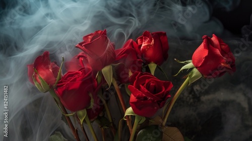 A cluster of red roses against a smoky backdrop, adding a dramatic and luxurious feel.