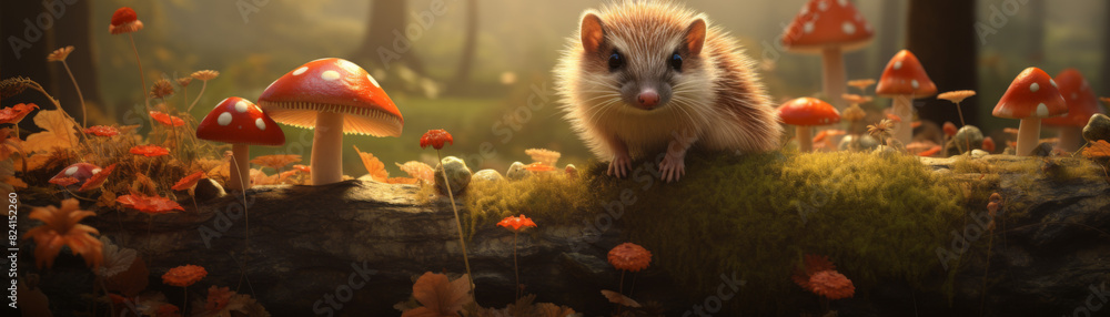 Obraz premium A small hedgehog is sitting on a log in a forest with many red mushrooms