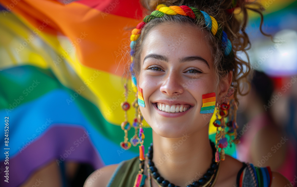 Smiling Woman Celebrating Pride with Rainbow Face Paint Smiling Woman Celebrating Pride with Rainbow Face Paint