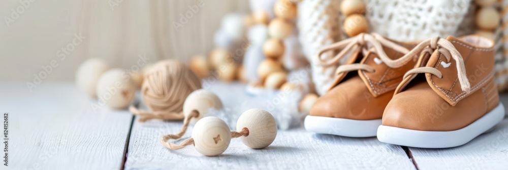 Baby shoes and teethers. Organic newborn accessories. copy space Baby shoes and teethers. Organic newborn accessories. copy space