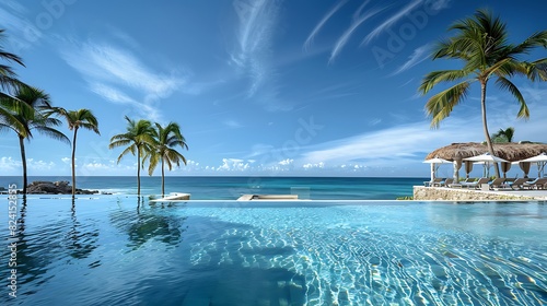 a serene swimming pool overlooking the ocean with palm trees and cabanas in the background. The sky is blue with wispy clouds photo