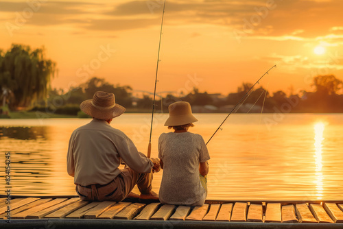 Fototapeta Naklejka Na Ścianę i Meble -  An elderly Asian couple sits on a dock, fishing poles in hand, enjoying quiet companionship as the sun dips below the horizon.