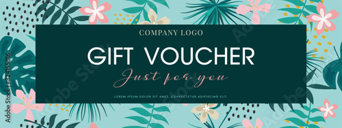 Gift voucher template on tropical background.