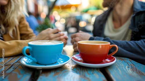 A couple is sitting at a cafe table  drinking coffee and talking. The woman has a blue cup and the man has a red cup. The background is blurred.