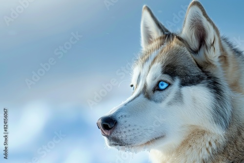 A striking photograph of a blue-eyed Husky against a soft blue sky  capturing the intensity and beauty of its gaze