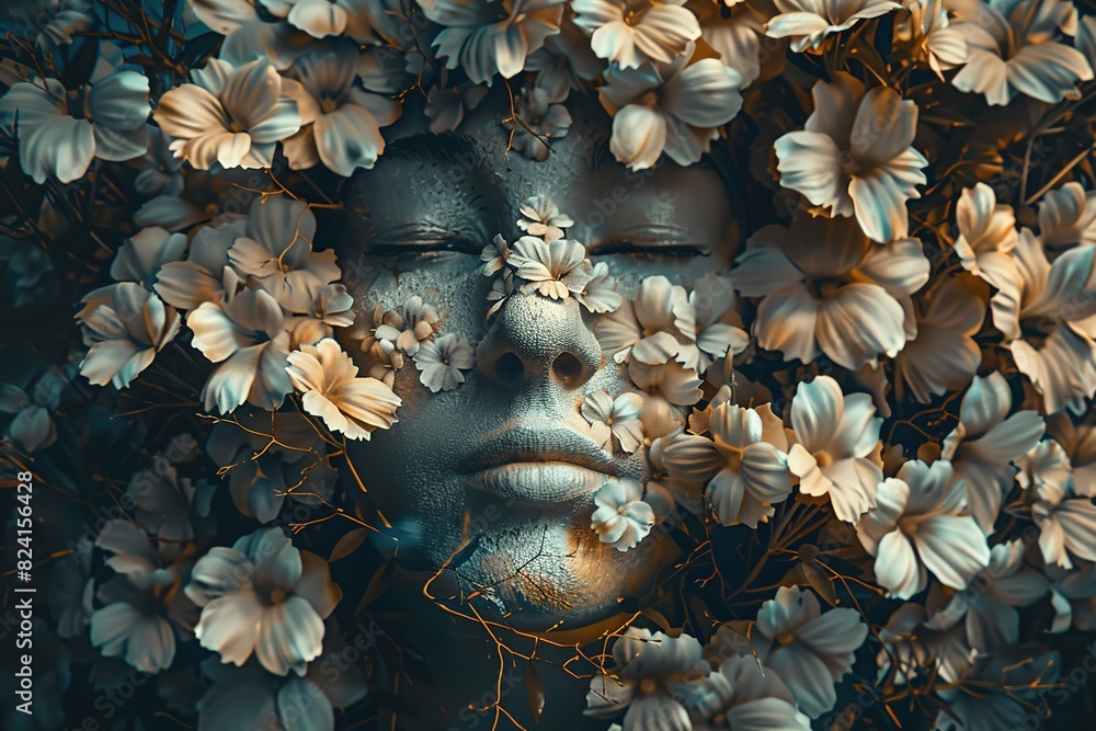 A surreal depiction of a face with flowers blooming where the eyes should be