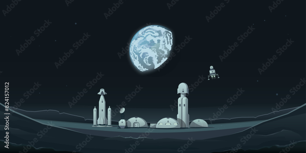 Obraz premium Colonization of the moon. Panorama of the lunar landscape, lunar crater and space base. Modular habitable buildings, communication station, rocket. View of planet Earth from the surface of the moon.
