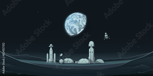 Colonization of the moon. Panorama of the lunar landscape, lunar crater and space base. Modular habitable buildings, communication station, rocket. View of planet Earth from the surface of the moon.