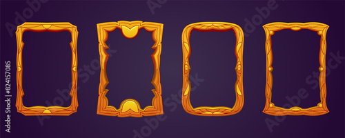 A set of engraved gold or carved wooden frames. A4 vector frame template. Decorative frame decorated with a woven geometric pattern. Game UI, banner, isolated set, cartoon fantasy illustration.