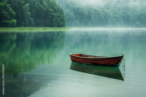 Boat on calm lake water with green trees in mist © InfiniteStudio