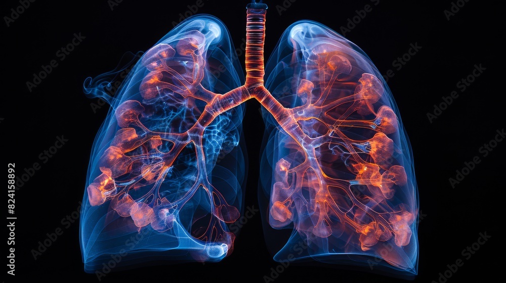 3D illustration of human lungs with glowing blue and red veins and bronchi. Lungs are the main organs of the respiratory system. 3D illustration of human lungs with glowing blue and red veins and bronchi. Lungs are the main organs of the respiratory system.