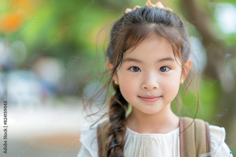 Happy Asian Girl with Backpack Outside Ready for Back to School or Hiking Adventure Happy Asian Girl with Backpack Outside Ready for Back to School or Hiking Adventure