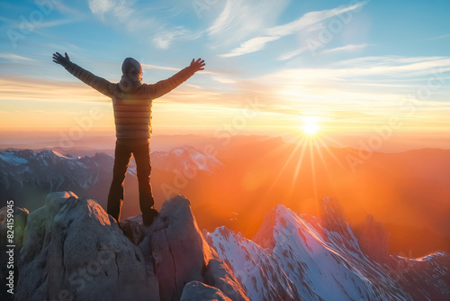 Determined athlete conquering mountain summit at sunrise  celebrating achievement with outstretched arms.