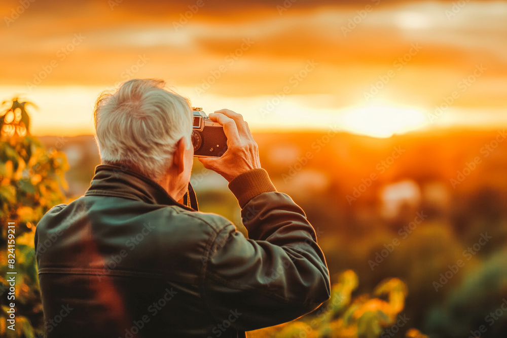 Fototapeta premium Elderly Caucasian man taking a sunset photo with a vintage camera.