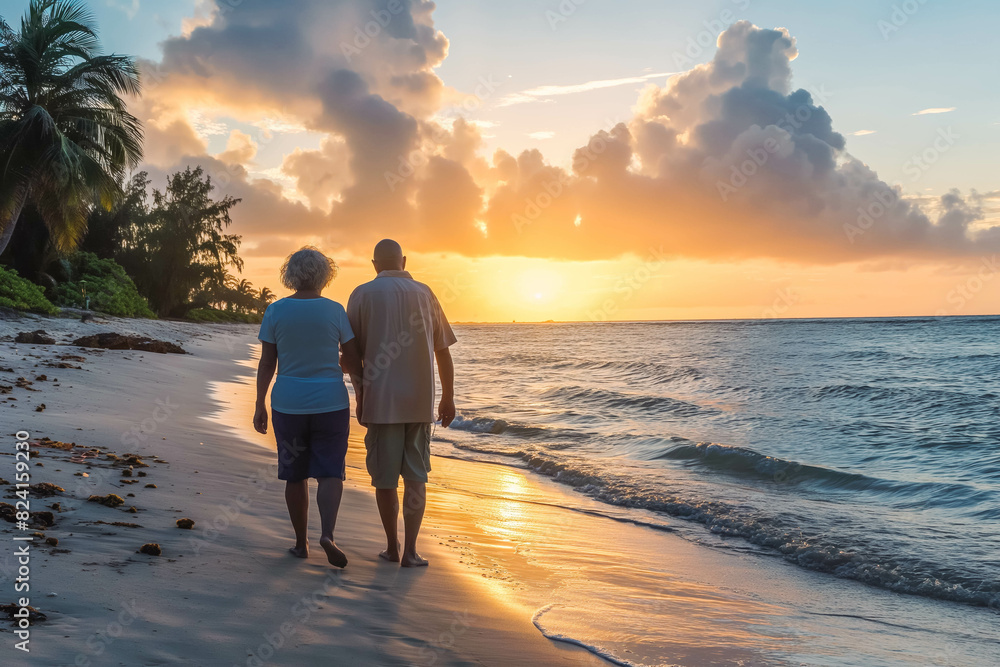 Fototapeta premium Elderly couple strolling hand in hand along tropical beach at sunset, reliving youthful adventures.