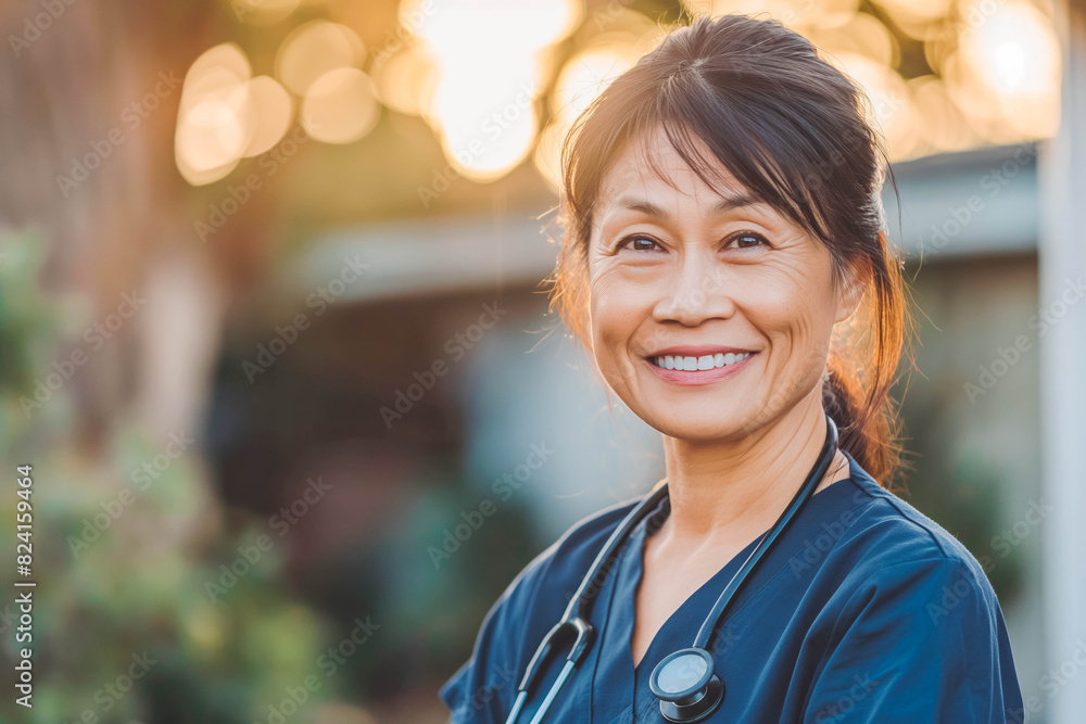 Experienced Asian Nurse in Her 50s Radiating Warmth at Sunrise, Providing Compassionate Care to Patients Experienced Asian Nurse in Her 50s Radiating Warmth at Sunrise, Providing Compassionate Care to Patients