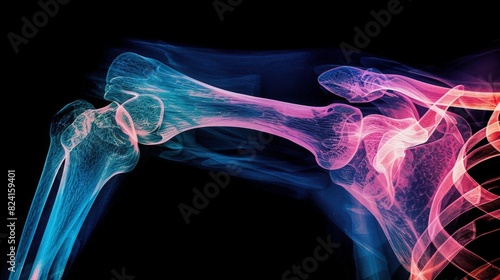 A digital illustration of a colorful x-ray of a shoulder joint.