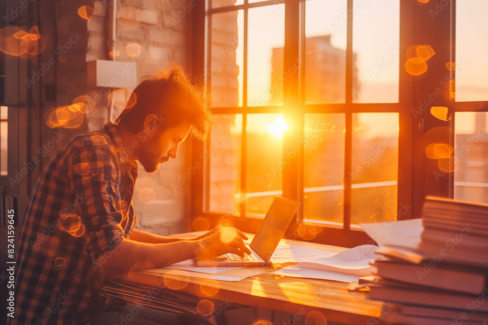 Fototapeta premium Freelancer brainstorming ideas on digital tablet in urban loft at sunset, creative workspace.