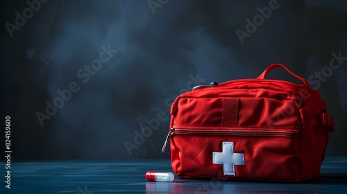 Red first aid kit with pill on dark blue background photo