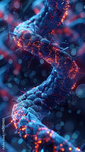 A detailed 3D render of DNA strands with mutations, Futuristic, Blue and Red Hues, Digital Art, Emphasizing genetic anomalies