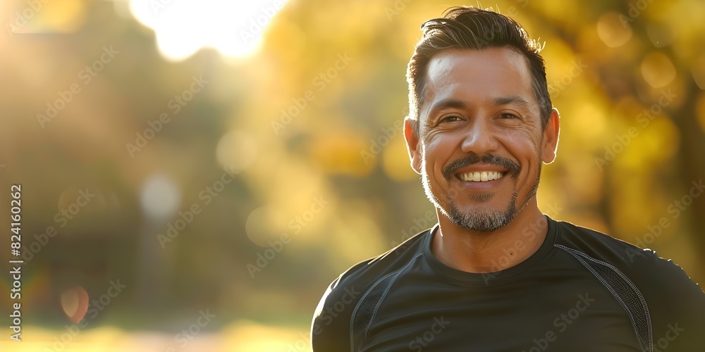 Smiling Hispanic man enjoying a sunny park jog radiating happiness and success. Concept Outdoor Photoshoot, Jogging, Happiness, Success, Hispanic Man