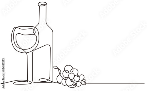continous line drawing bottle of wine with wineglass and grape