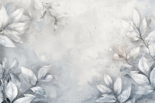 Fototapeta Naklejka Na Ścianę i Meble -  Floral nature background of white plant leaves and flower leaves on border, light gray and white watercolor painted leaf outlines in abstract illustration with soft texture, elegant pale banner