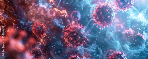 A detailed 3D render of influenza viruses attacking cells, Futuristic, Blue and Red Hues, Digital Art, Emphasizing viral invasion