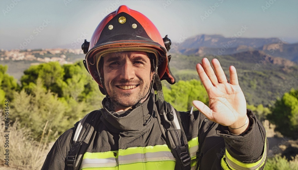 Bombero saluda a cámara sonriente. Bombero saluda a cámara sonriente.