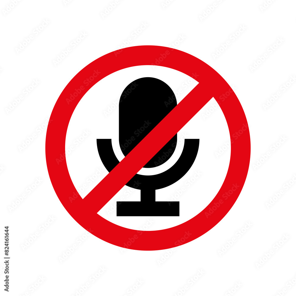 Crossed out microphone (mike) icon. Symbol of voice or sound. Pictogram for turning the sound on and off. An attribute of a singer, speaker, or announcer.