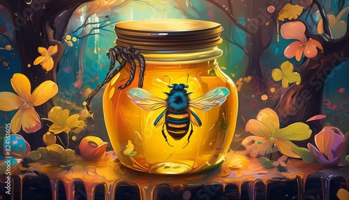 Abeja en tarro de miel. photo