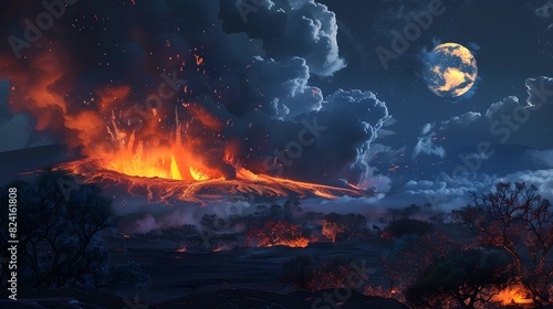 an erupting mountain spewing fiery ash into the sky © Berkah