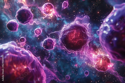 A digital depiction of human cells being infected by viruses, Futuristic, Neon Colors, High Detail, Highlighting the invasion process