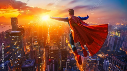 Heroic superhero overlooking cityscape at sunset photo