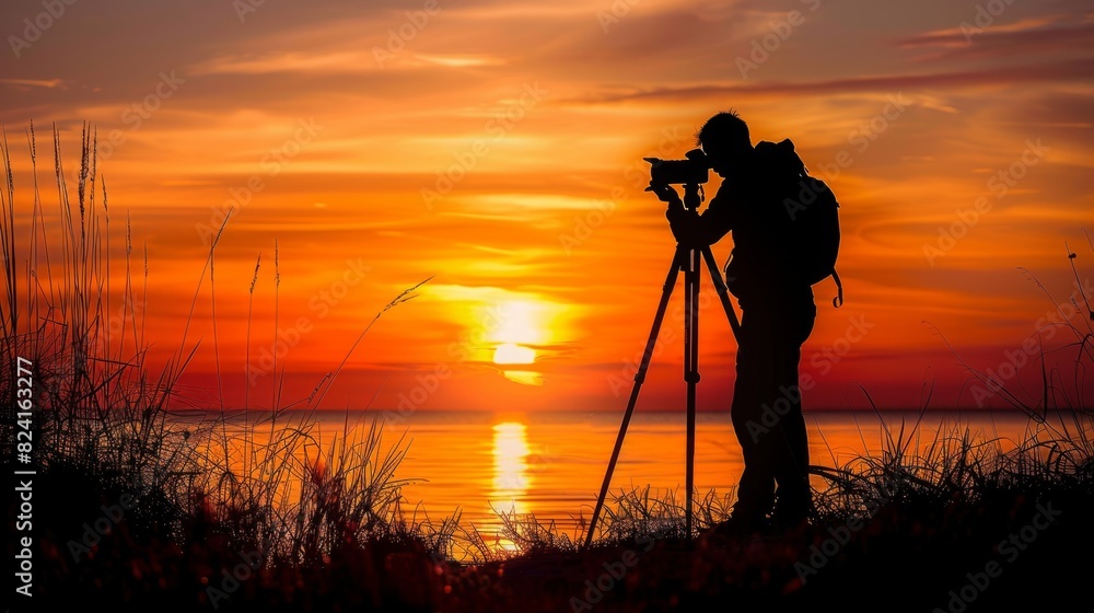 Photographer silhouette at sunset generative ai