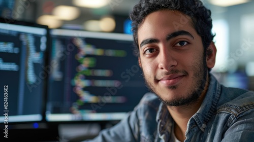 The close up picture of the middle eastern male software developer is working in the office while programming the program on the monitor, a software developer require knowledge and experience. AIG43.