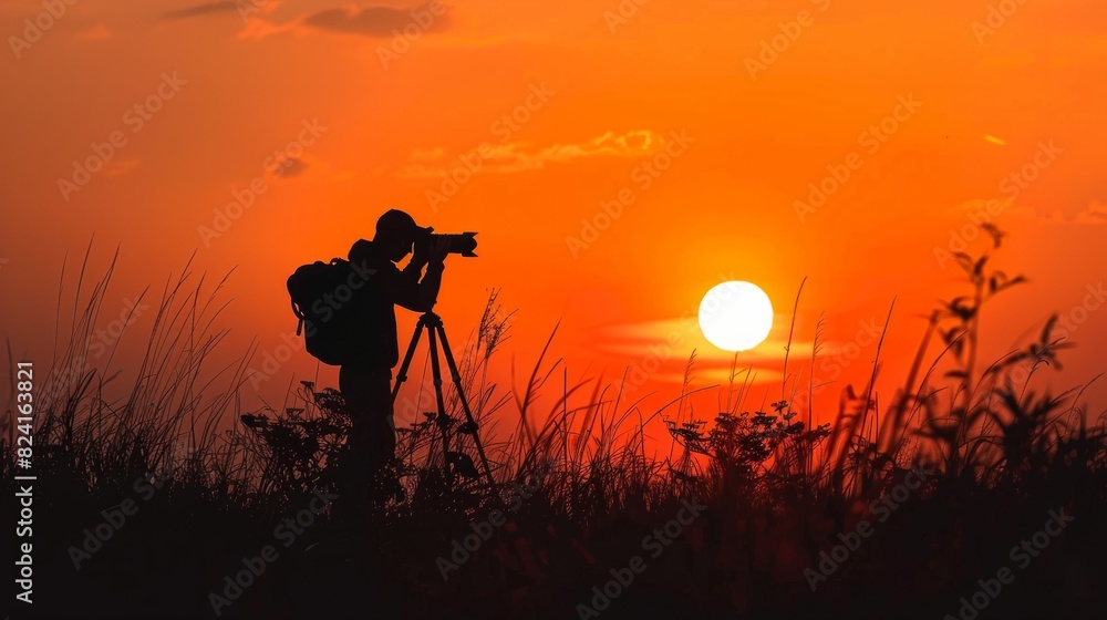Photographer silhouette at sunset generative ai Photographer silhouette at sunset generative ai