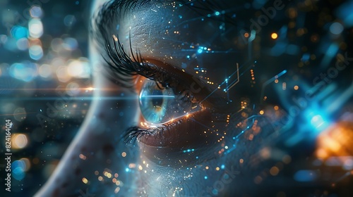 Close-up of an eye with glowing digital and futuristic elements, representing technology and innovation.