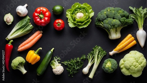 Top view vegetables on empty black background, space for text, empty space for advertising