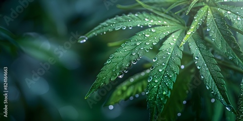 Morning dew glistens on 3D marijuana leaves captured in wideangle surreal beauty. Concept Nature Photography, Close-up Shots, Surreal Landscapes, Abstract Art, 3D Elements