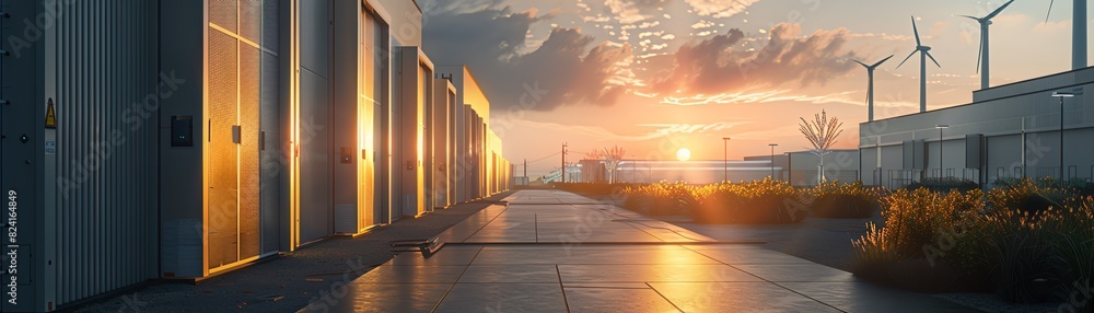 A serene industrial landscape with wind turbines at sunset, highlighting renewable energy and modern architecture under a dramatic sky.