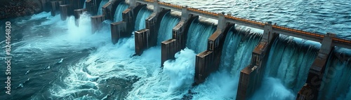 Closeup of hydroelectric dam structure, highlighting the engineering marvel and powerful water flow driving electricity generation