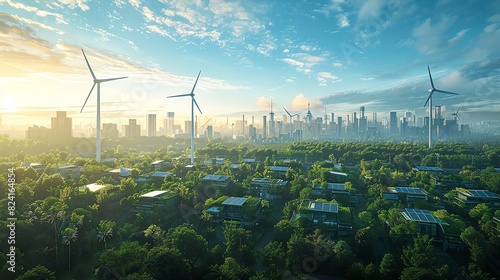 A scenic view of a green city with wind turbines and solar panels, showcasing sustainable energy sources and modern urban development.