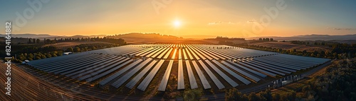 A stunning panoramic view of a large solar farm at sunset, showcasing renewable energy and sustainability in a serene landscape.