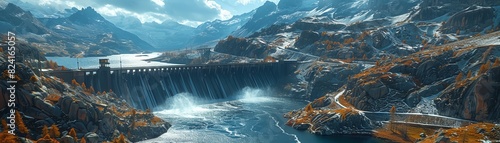 Aerial view of a scenic mountain dam surrounded by picturesque autumn landscapes and flowing river, showcasing natural beauty and engineering.