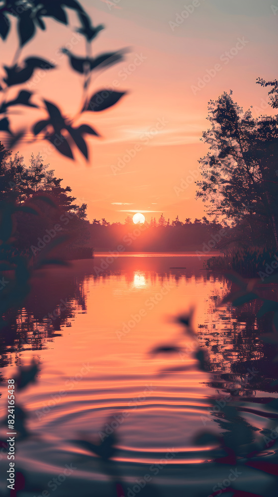 Tranquil Sunset Over a Reflective Lake with Lush Greenery and Silhouetted Trees Under a Twilight Sky