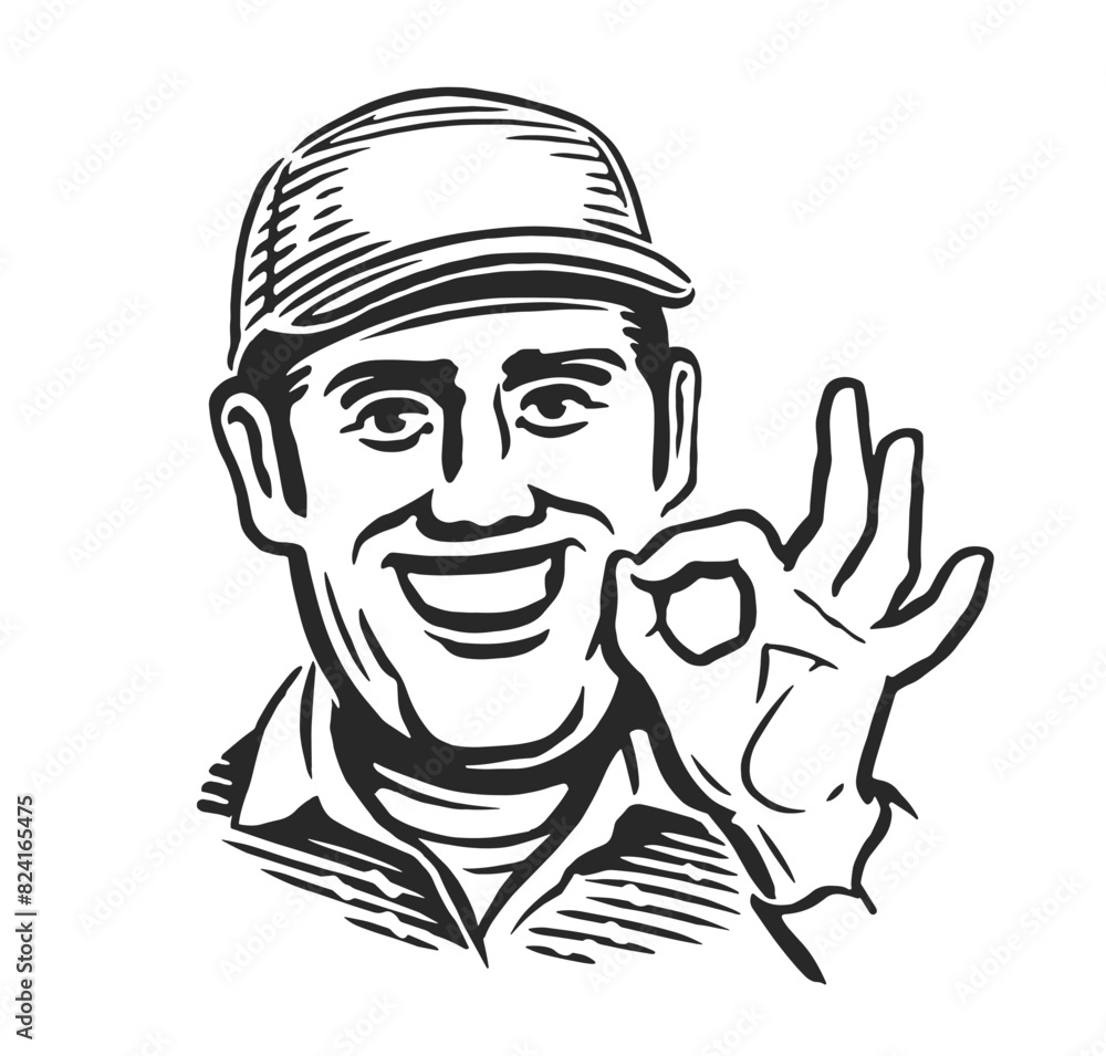 Portrait of happy handyman in cap. Profession of service industry, farm worker. Repairman in workwear smiling Portrait of happy handyman in cap. Profession of service industry, farm worker. Repairman in workwear smiling